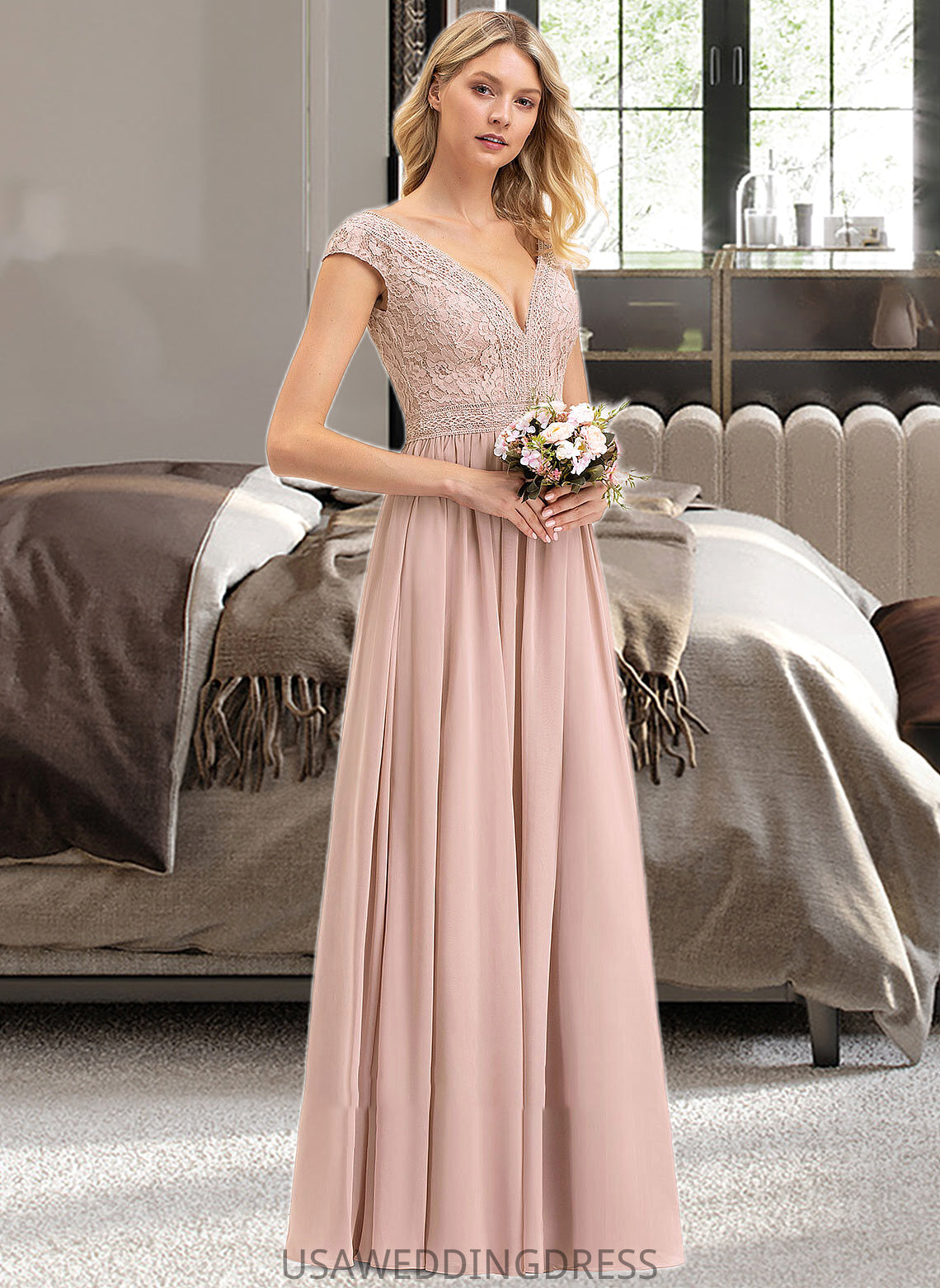 Lucille A-line V-Neck Floor-Length Chiffon Lace Bridesmaid Dress DSP0012786