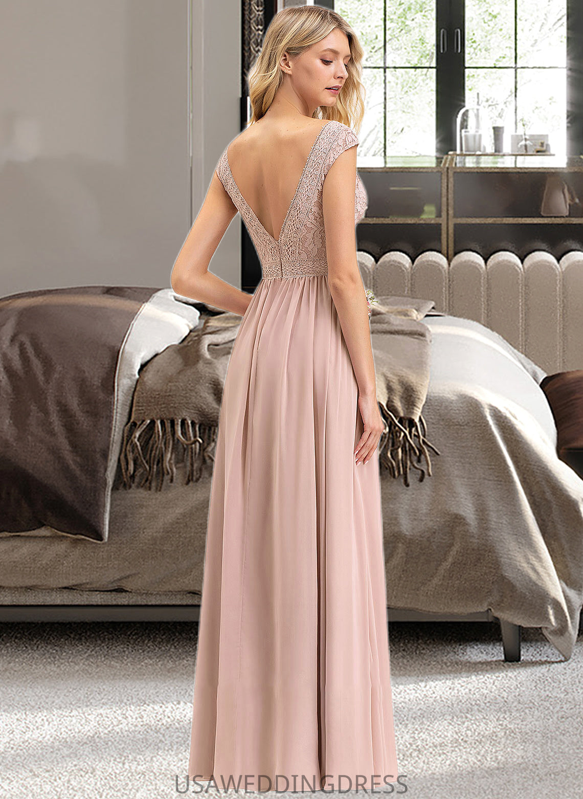 Lucille A-line V-Neck Floor-Length Chiffon Lace Bridesmaid Dress DSP0012786