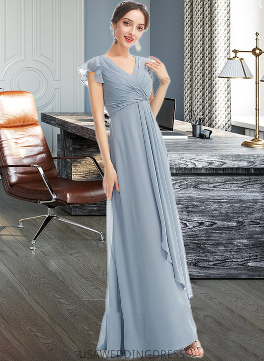 Izabelle A-Line V-neck Floor-Length Bridesmaid Dress With Ruffle Split Front DSP0012787