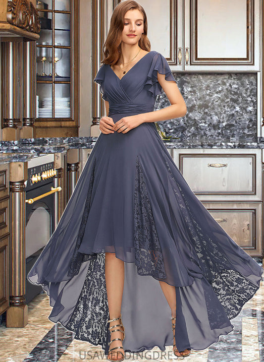 Marcie A-Line V-neck Asymmetrical Chiffon Bridesmaid Dress With Ruffle Lace DSP0012788