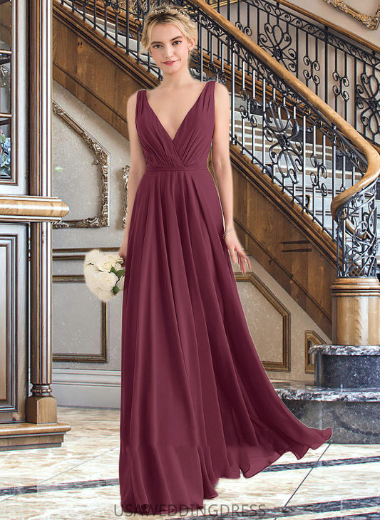 Taliyah A-Line V-neck Floor-Length Chiffon Bridesmaid Dress With Ruffle DSP0012789