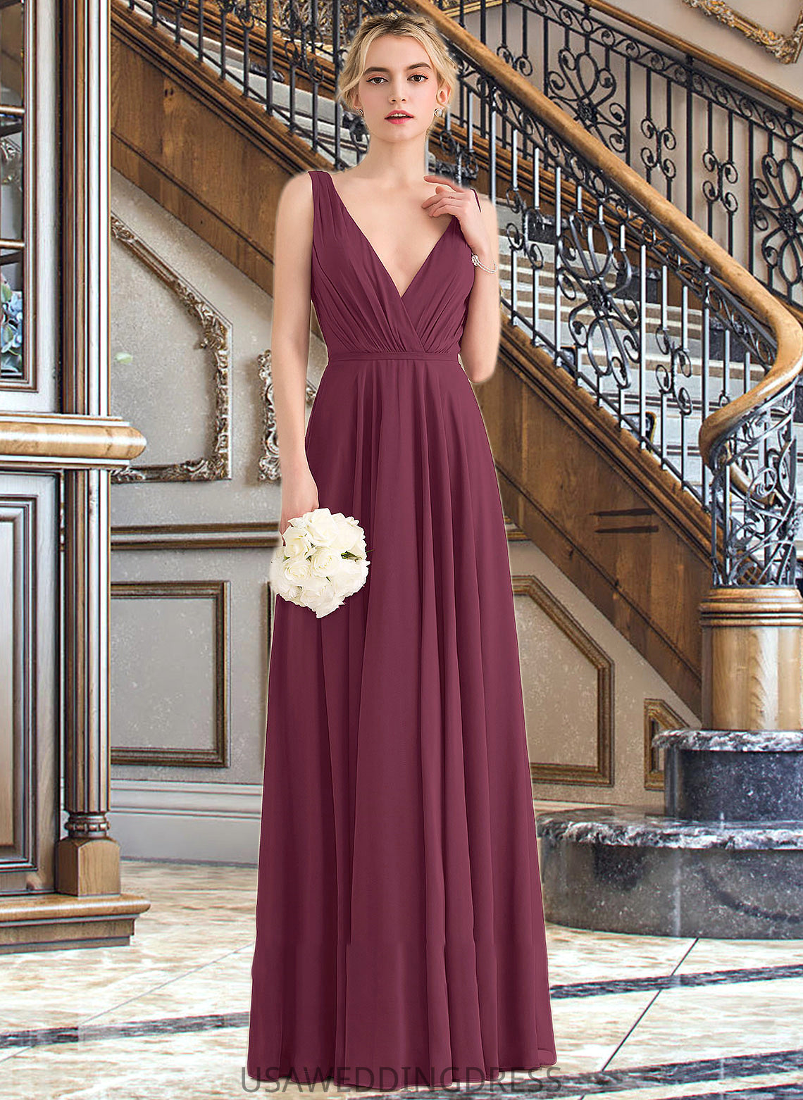 Taliyah A-Line V-neck Floor-Length Chiffon Bridesmaid Dress With Ruffle DSP0012789