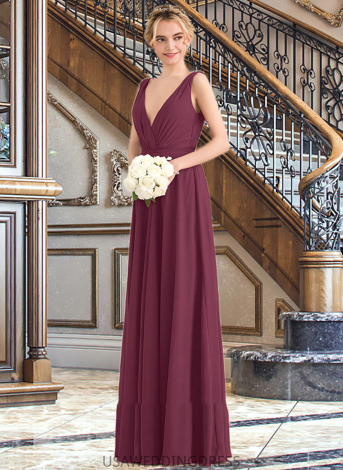 Taliyah A-Line V-neck Floor-Length Chiffon Bridesmaid Dress With Ruffle DSP0012789