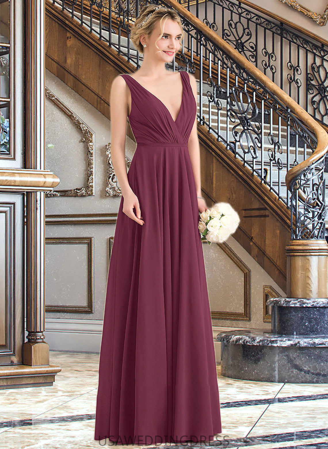 Taliyah A-Line V-neck Floor-Length Chiffon Bridesmaid Dress With Ruffle DSP0012789