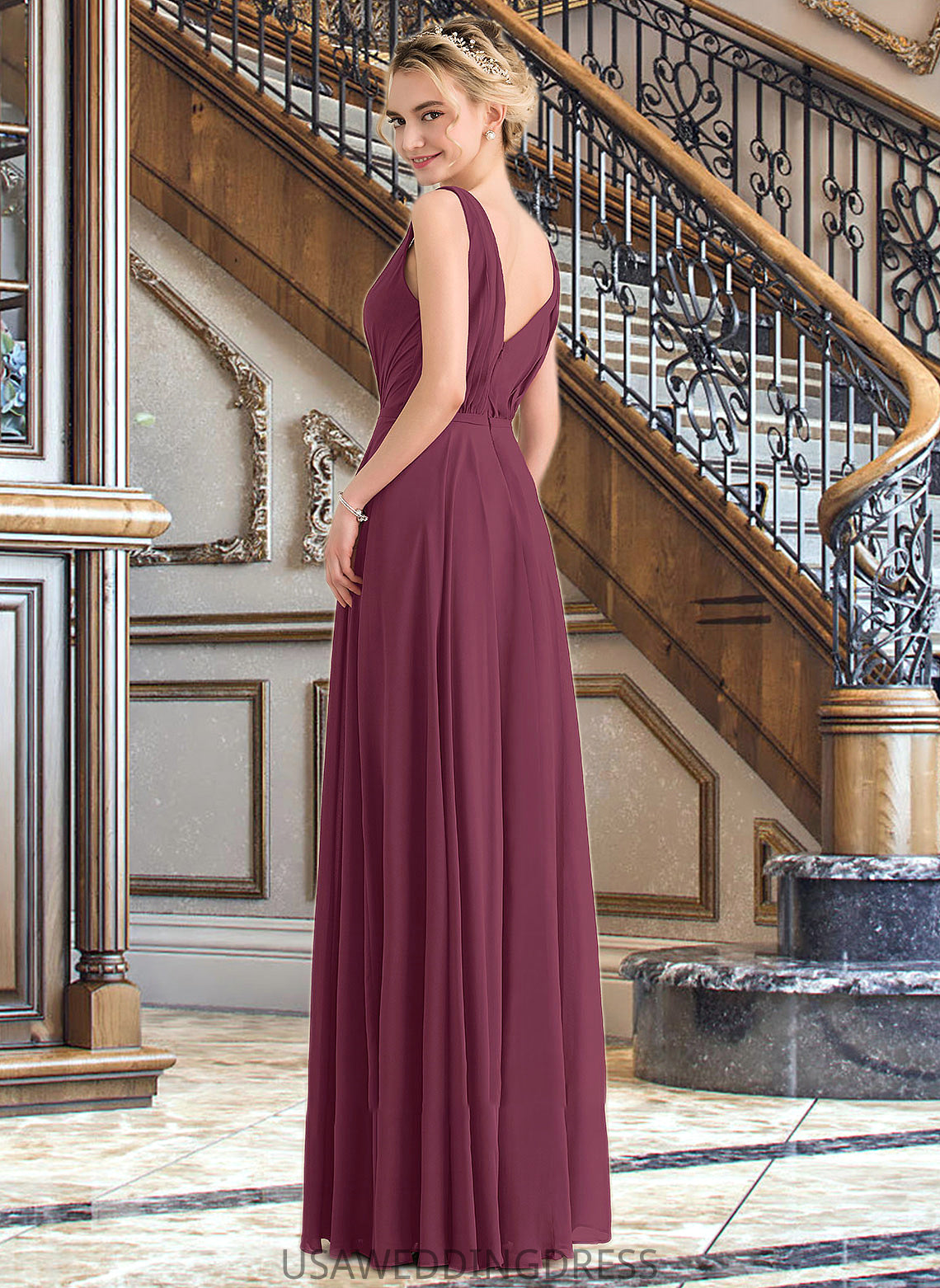 Taliyah A-Line V-neck Floor-Length Chiffon Bridesmaid Dress With Ruffle DSP0012789