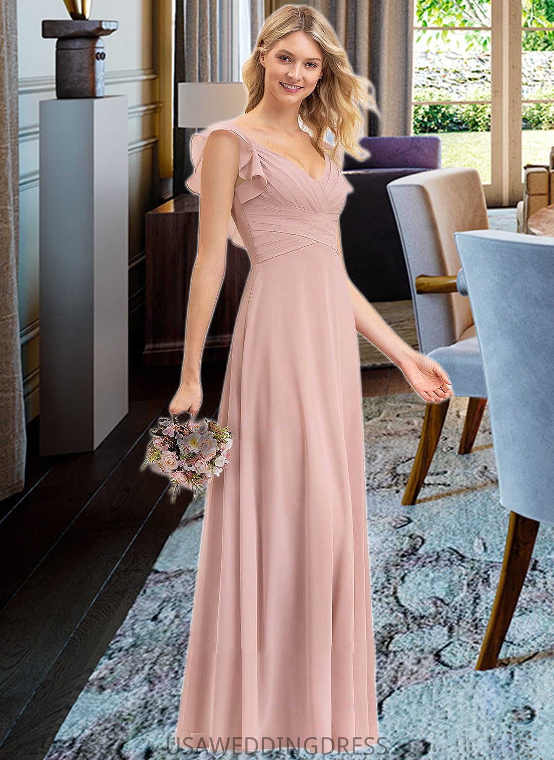 Naima Empire V-Neck Floor-Length Chiffon Bridesmaid Dress With Cascading Ruffles DSP0012790