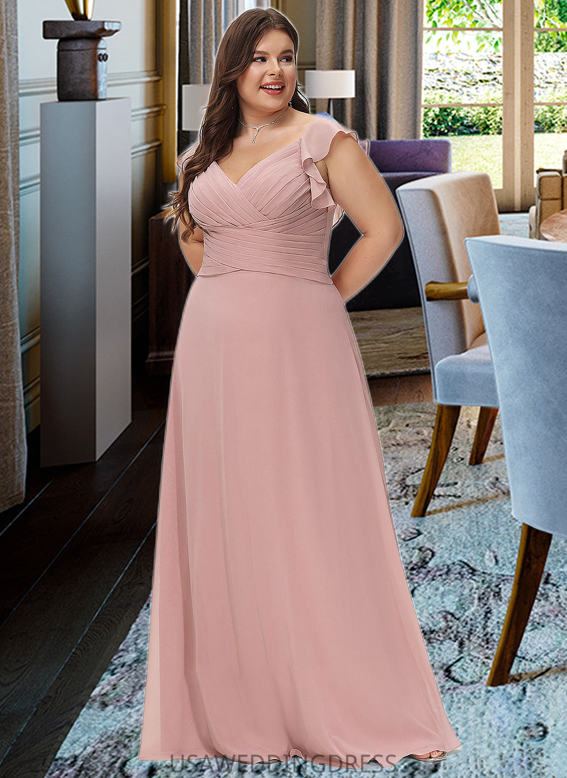 Naima Empire V-Neck Floor-Length Chiffon Bridesmaid Dress With Cascading Ruffles DSP0012790