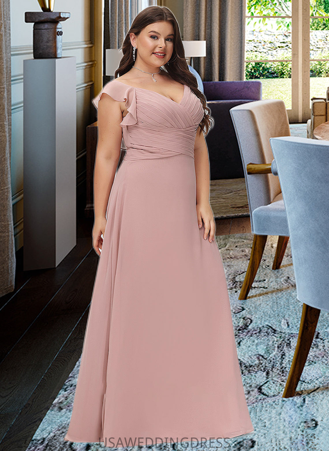 Naima Empire V-Neck Floor-Length Chiffon Bridesmaid Dress With Cascading Ruffles DSP0012790