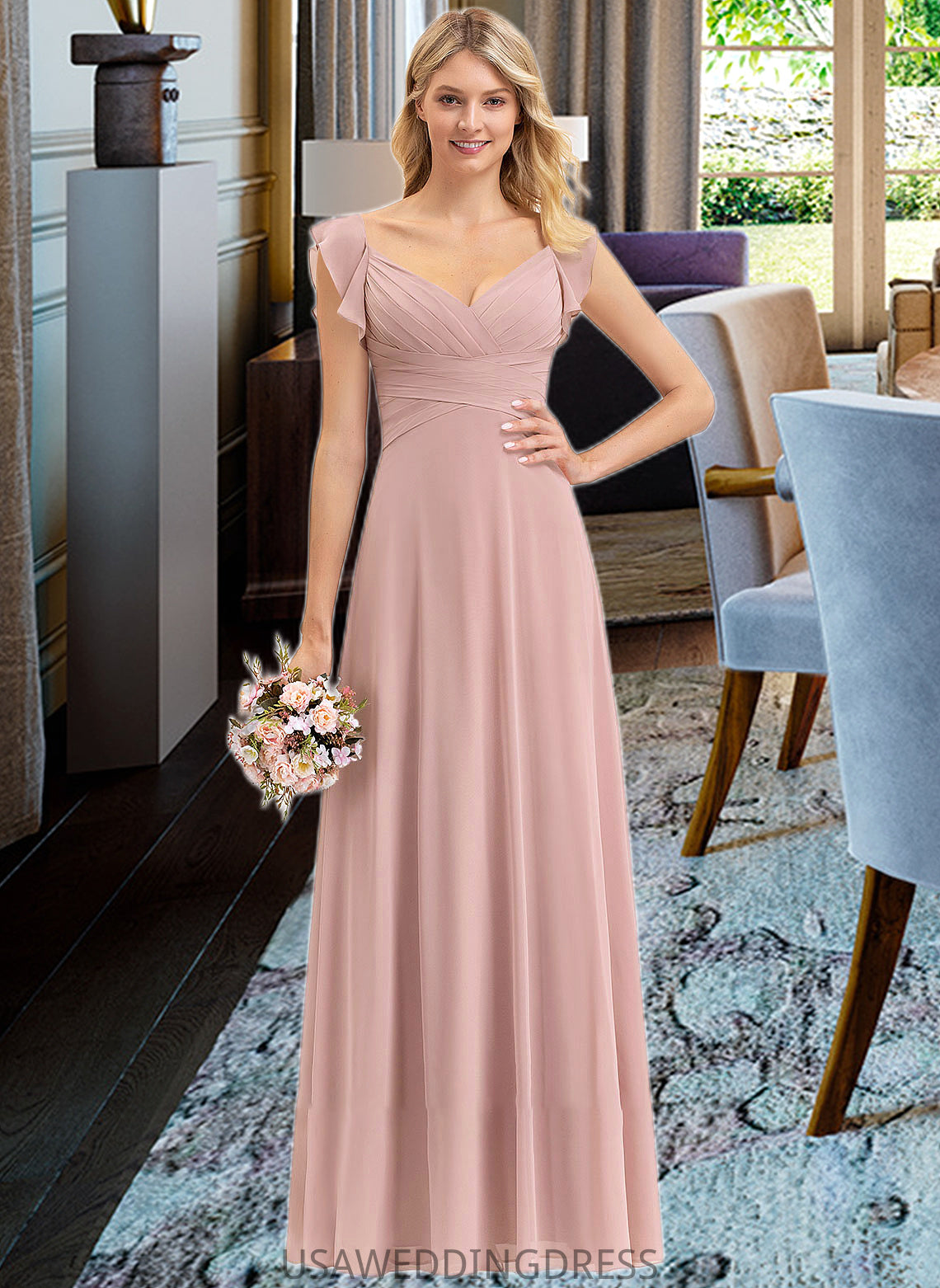 Naima Empire V-Neck Floor-Length Chiffon Bridesmaid Dress With Cascading Ruffles DSP0012790