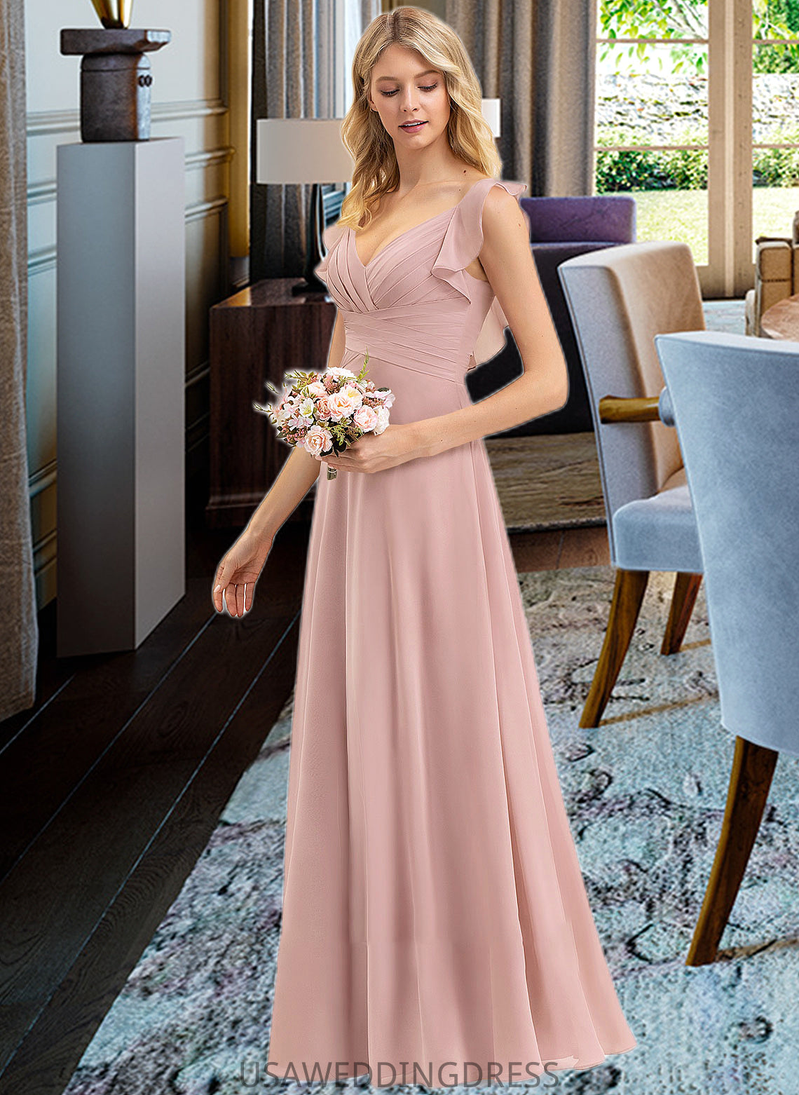 Naima Empire V-Neck Floor-Length Chiffon Bridesmaid Dress With Cascading Ruffles DSP0012790