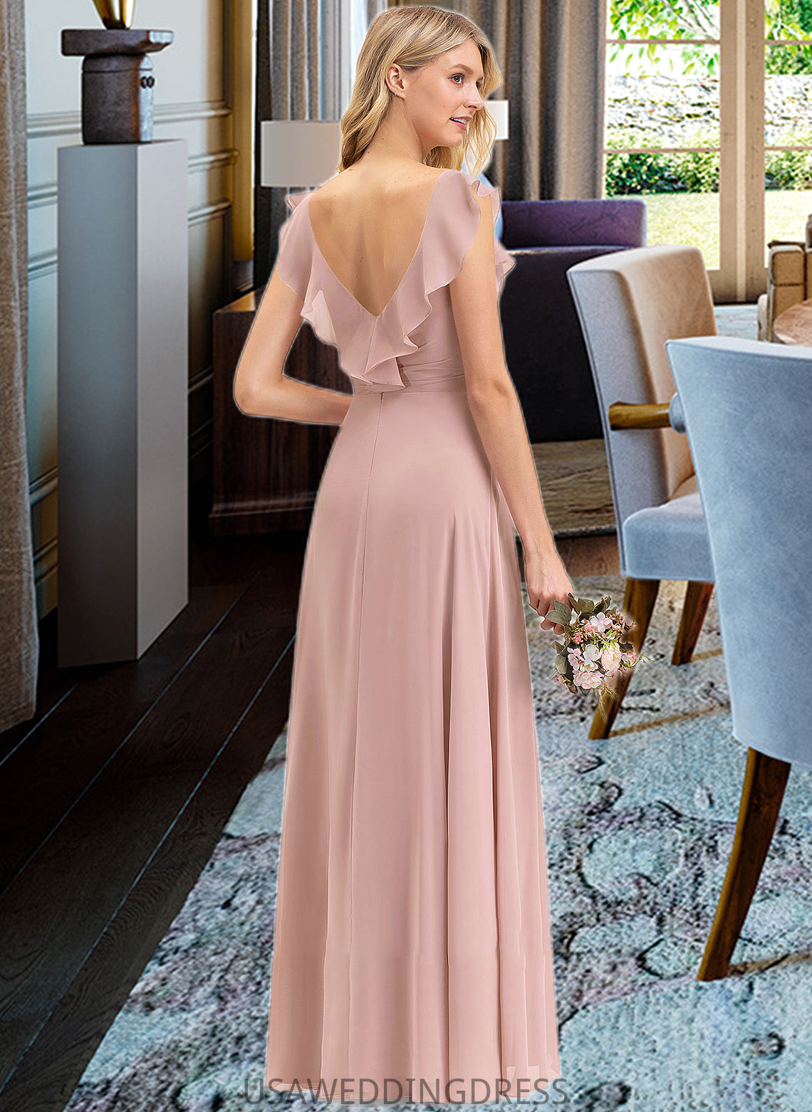 Naima Empire V-Neck Floor-Length Chiffon Bridesmaid Dress With Cascading Ruffles DSP0012790