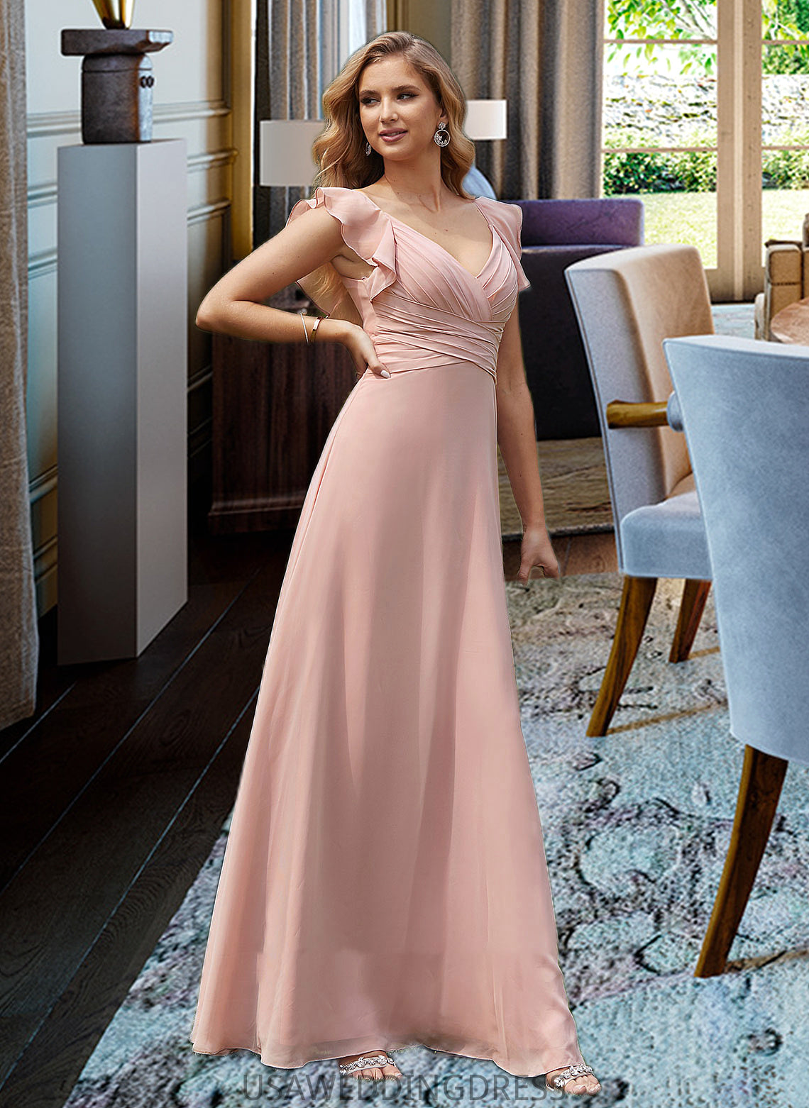 Naima Empire V-Neck Floor-Length Chiffon Bridesmaid Dress With Cascading Ruffles DSP0012790