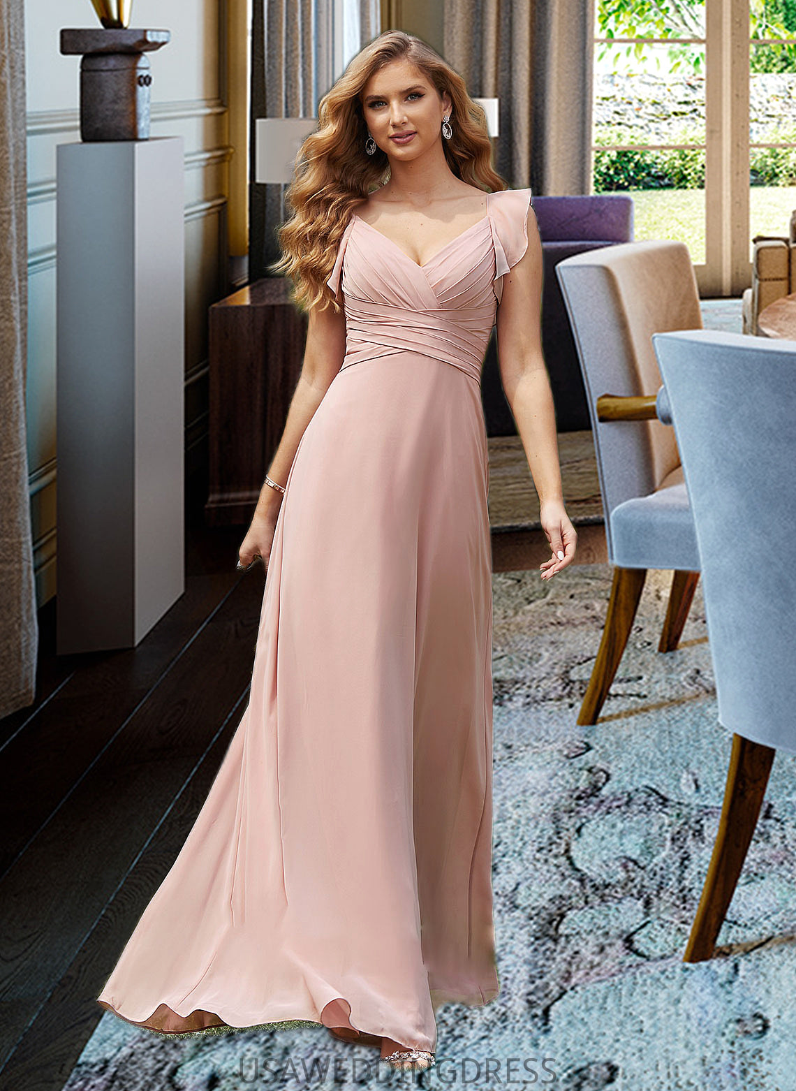 Naima Empire V-Neck Floor-Length Chiffon Bridesmaid Dress With Cascading Ruffles DSP0012790