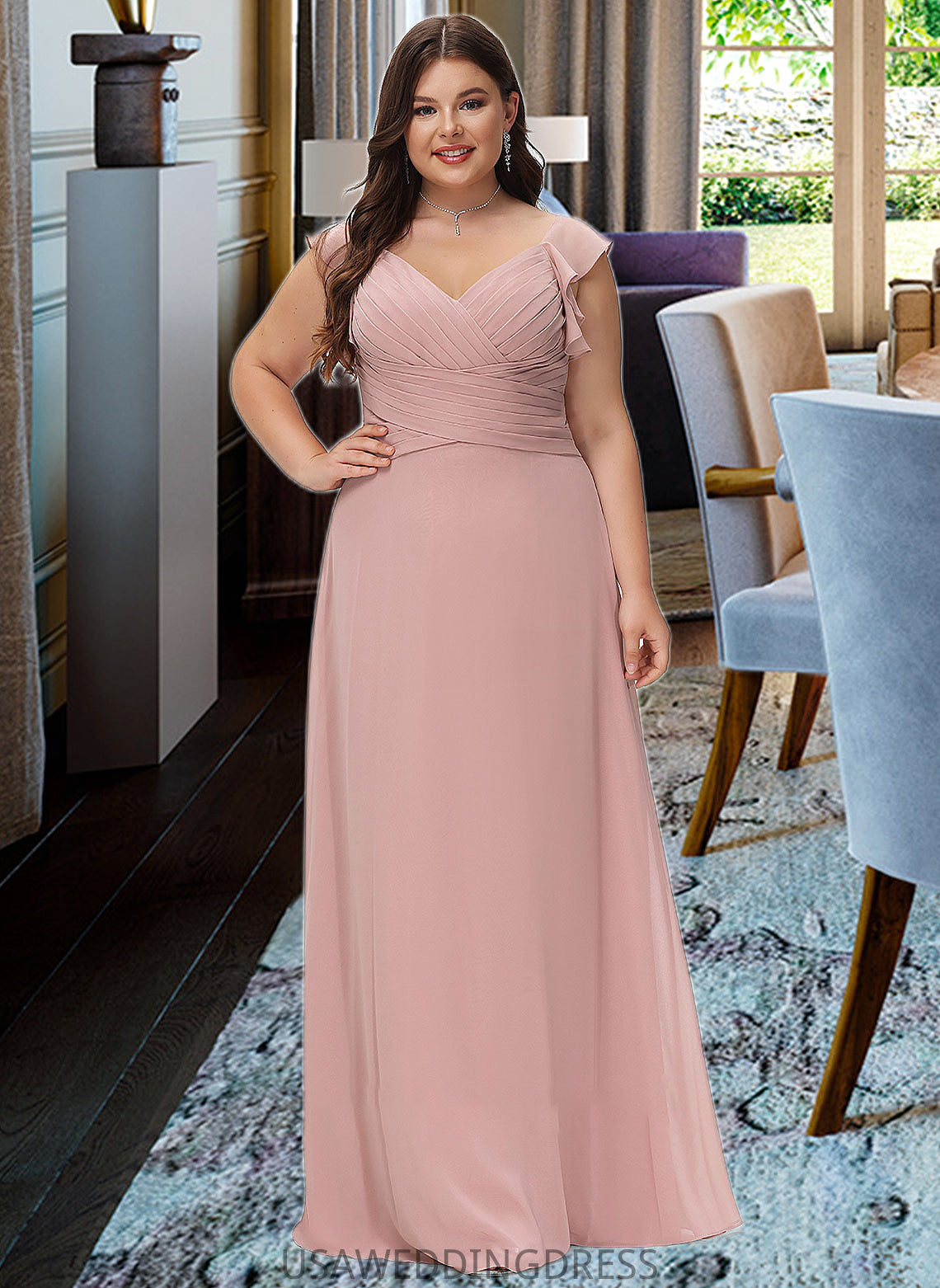 Naima Empire V-Neck Floor-Length Chiffon Bridesmaid Dress With Cascading Ruffles DSP0012790