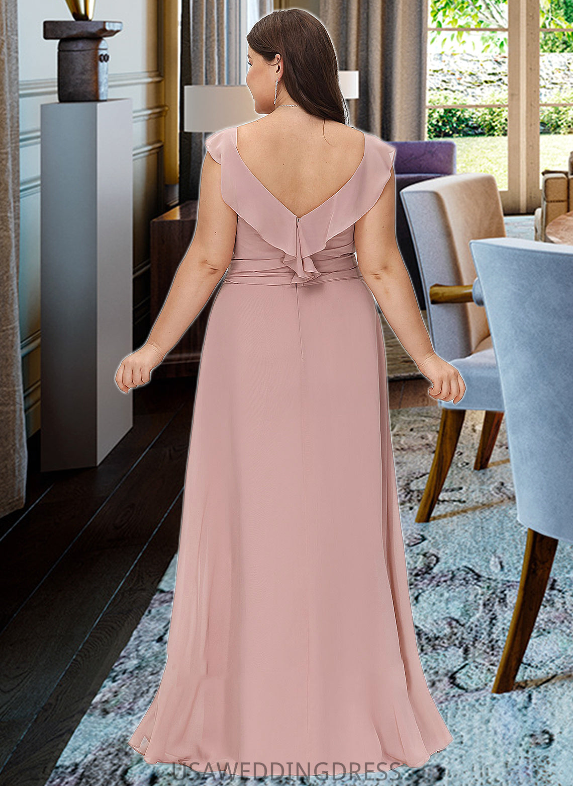 Naima Empire V-Neck Floor-Length Chiffon Bridesmaid Dress With Cascading Ruffles DSP0012790