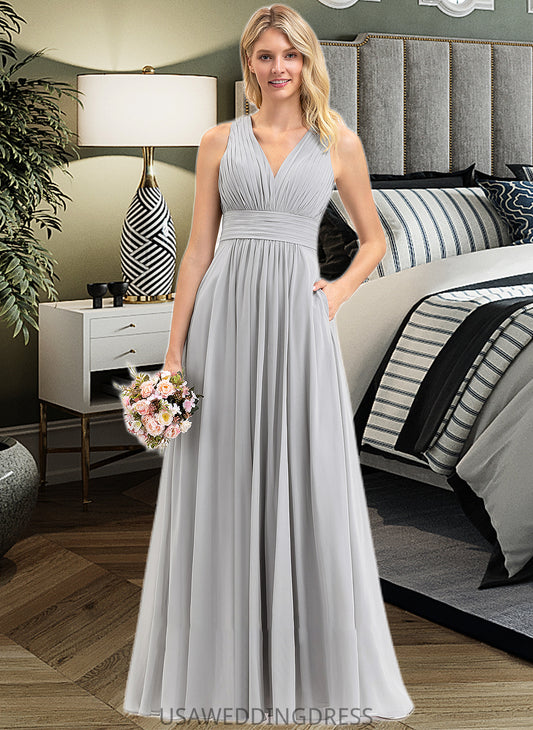 Alessandra A-Line V-neck Floor-Length Chiffon Bridesmaid Dress With Ruffle Bow(s) Pockets DSP0012797