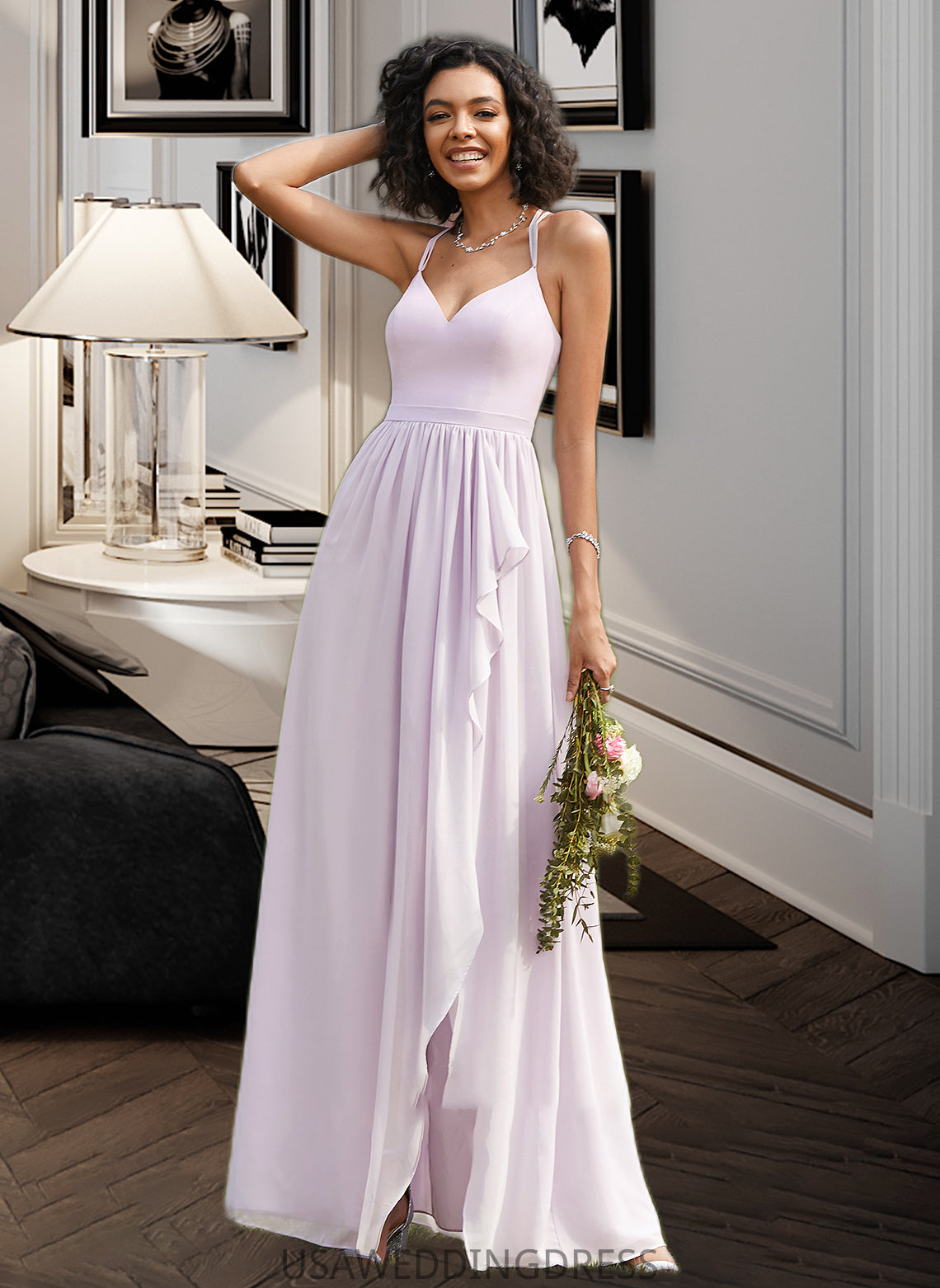 Sharon A-Line V-neck Asymmetrical Bridesmaid Dress With Ruffle Split Front DSP0012799