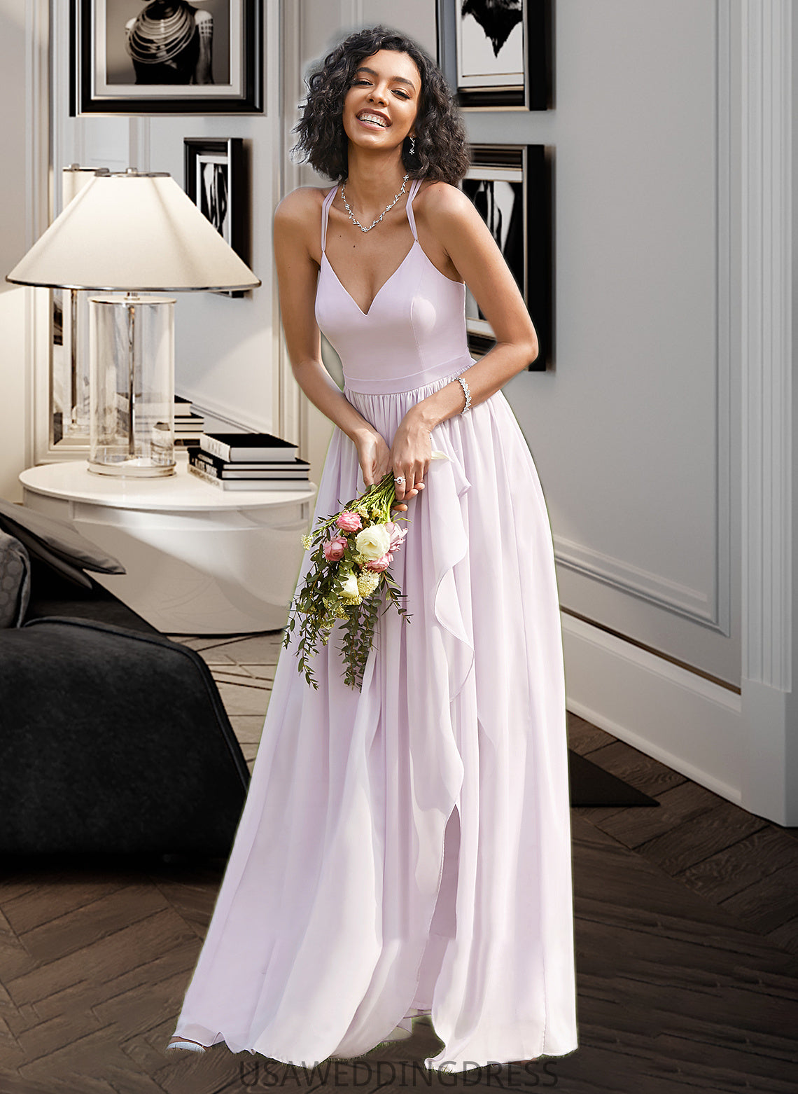 Sharon A-Line V-neck Asymmetrical Bridesmaid Dress With Ruffle Split Front DSP0012799