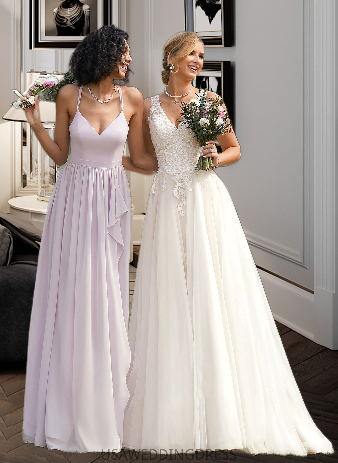 Sharon A-Line V-neck Asymmetrical Bridesmaid Dress With Ruffle Split Front DSP0012799