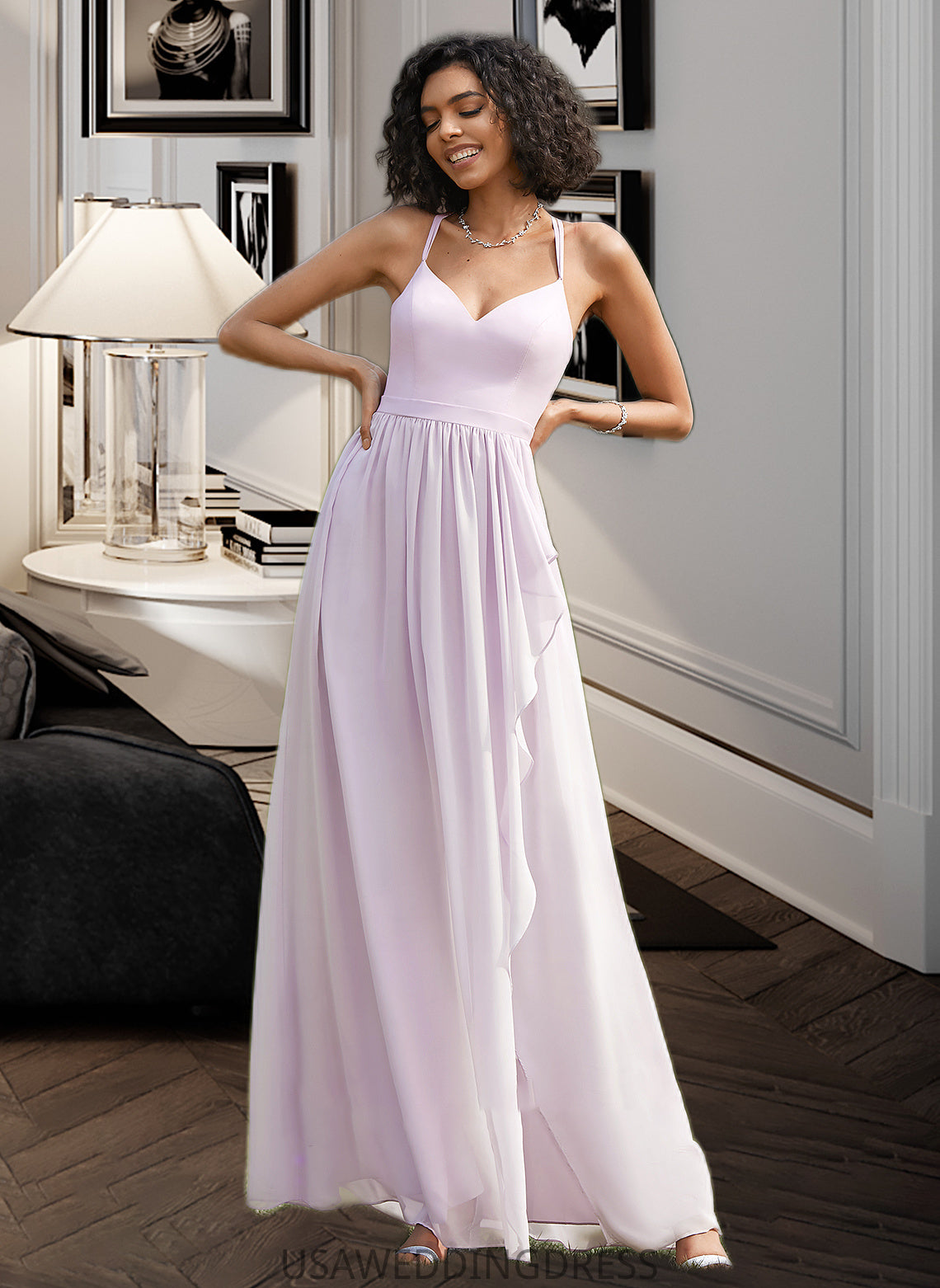 Sharon A-Line V-neck Asymmetrical Bridesmaid Dress With Ruffle Split Front DSP0012799