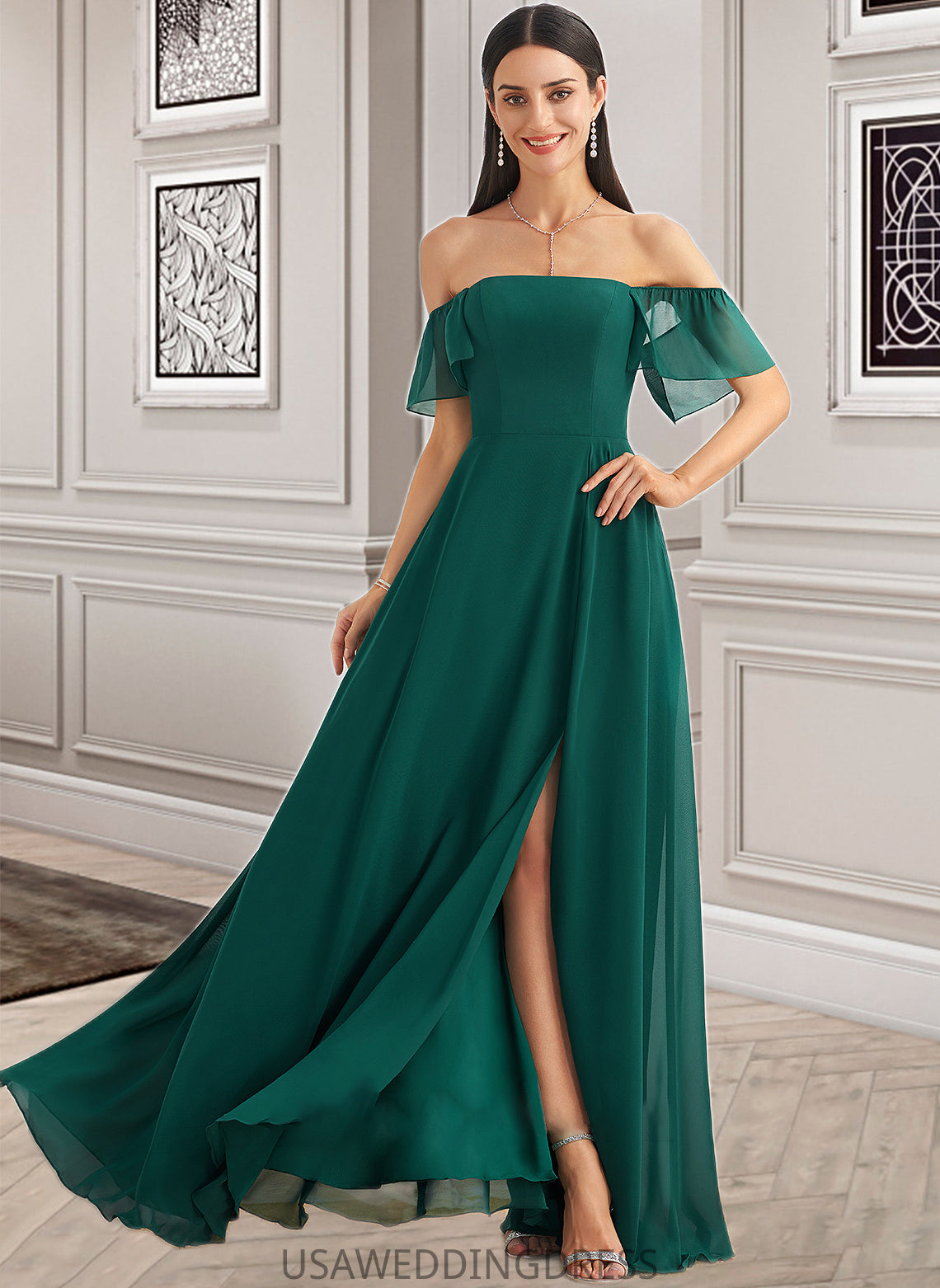 Nyasia A-Line Off-the-Shoulder Floor-Length Bridesmaid Dress With Split Front DSP0012802