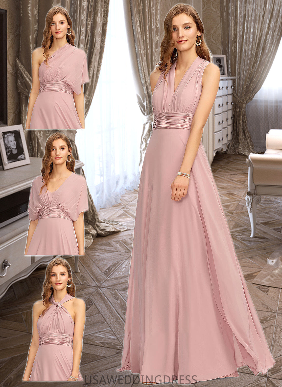 Mariam A-Line One-Shoulder Halter V-neck Floor-Length Chiffon Bridesmaid Dress With Ruffle DSP0012813