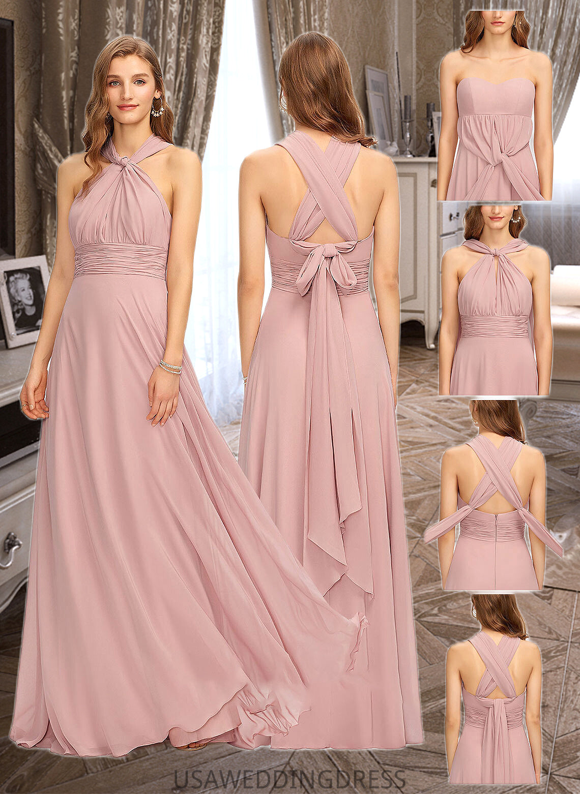 Mariam A-Line One-Shoulder Halter V-neck Floor-Length Chiffon Bridesmaid Dress With Ruffle DSP0012813