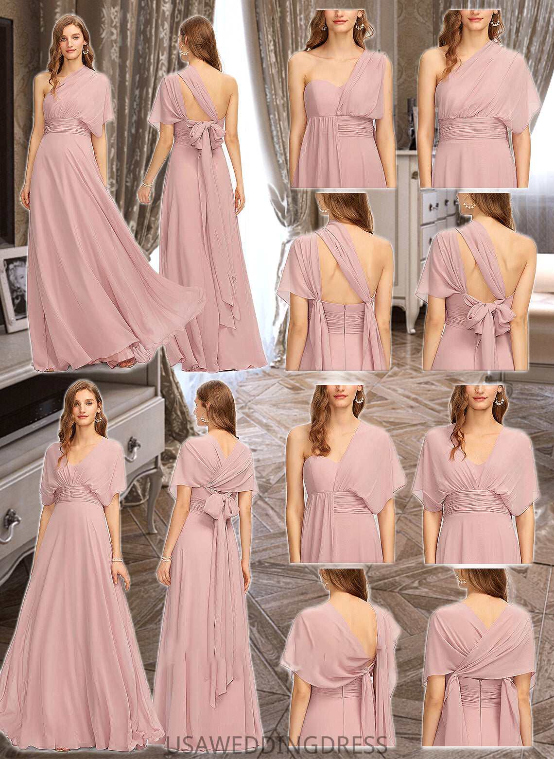 Mariam A-Line One-Shoulder Halter V-neck Floor-Length Chiffon Bridesmaid Dress With Ruffle DSP0012813