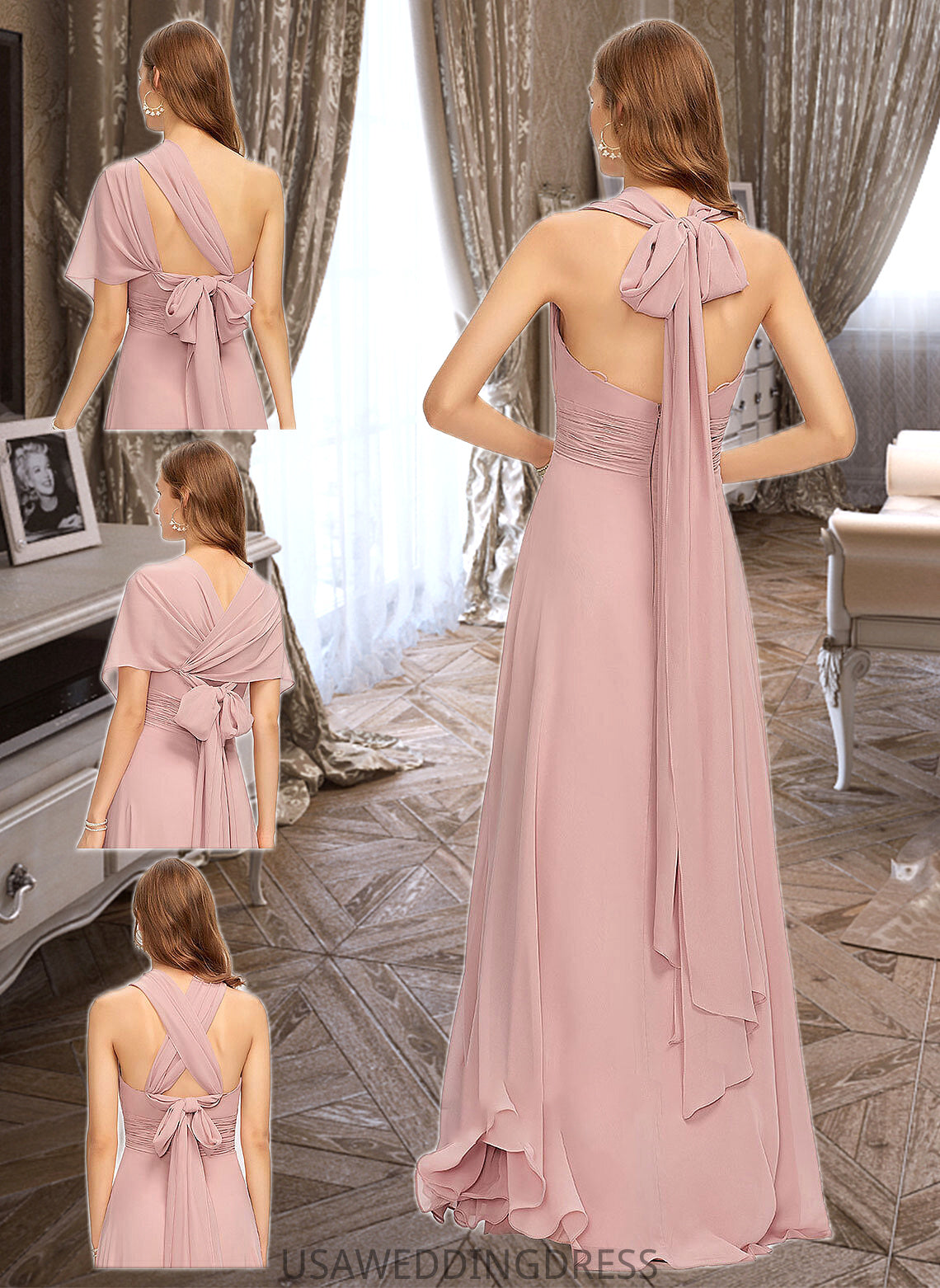 Mariam A-Line One-Shoulder Halter V-neck Floor-Length Chiffon Bridesmaid Dress With Ruffle DSP0012813