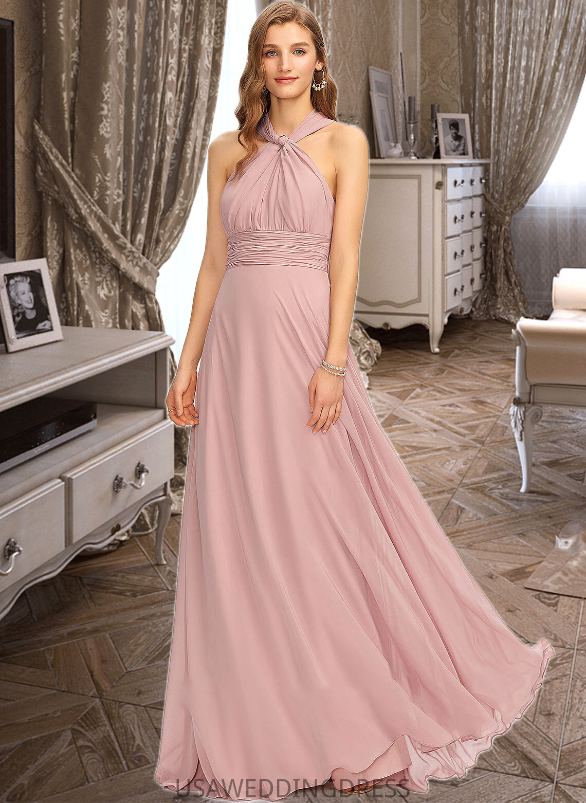 Mariam A-Line One-Shoulder Halter V-neck Floor-Length Chiffon Bridesmaid Dress With Ruffle DSP0012813