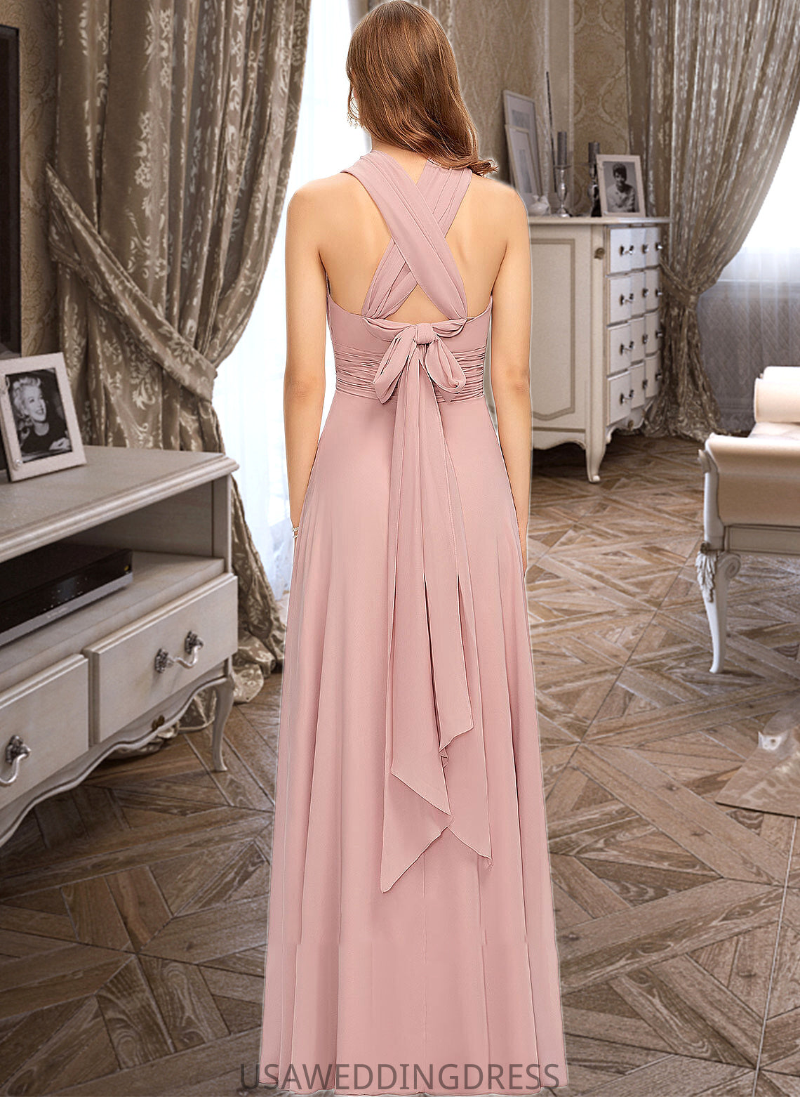 Mariam A-Line One-Shoulder Halter V-neck Floor-Length Chiffon Bridesmaid Dress With Ruffle DSP0012813