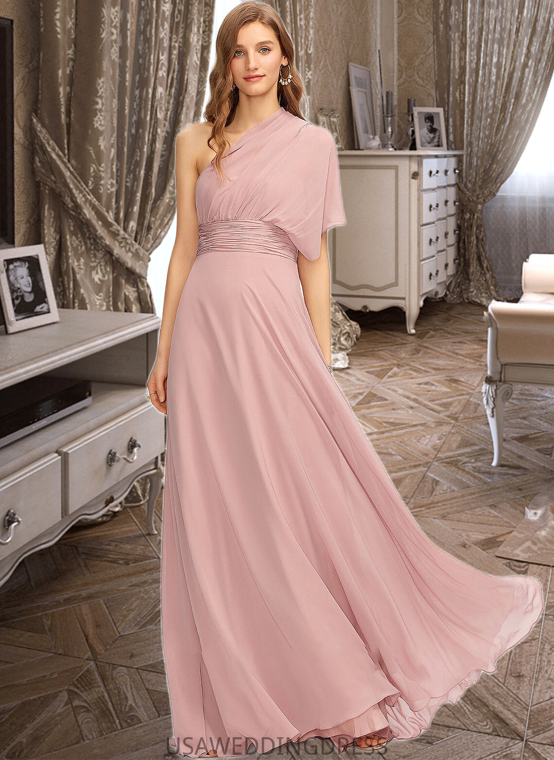 Mariam A-Line One-Shoulder Halter V-neck Floor-Length Chiffon Bridesmaid Dress With Ruffle DSP0012813