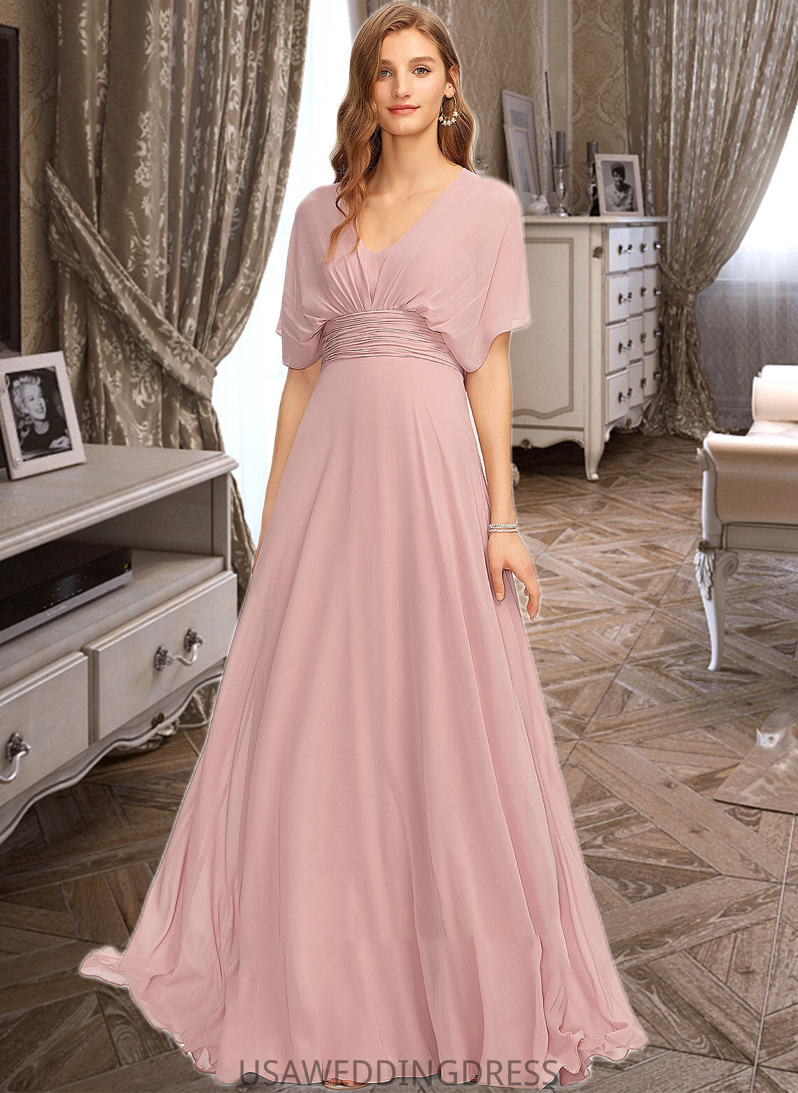 Mariam A-Line One-Shoulder Halter V-neck Floor-Length Chiffon Bridesmaid Dress With Ruffle DSP0012813