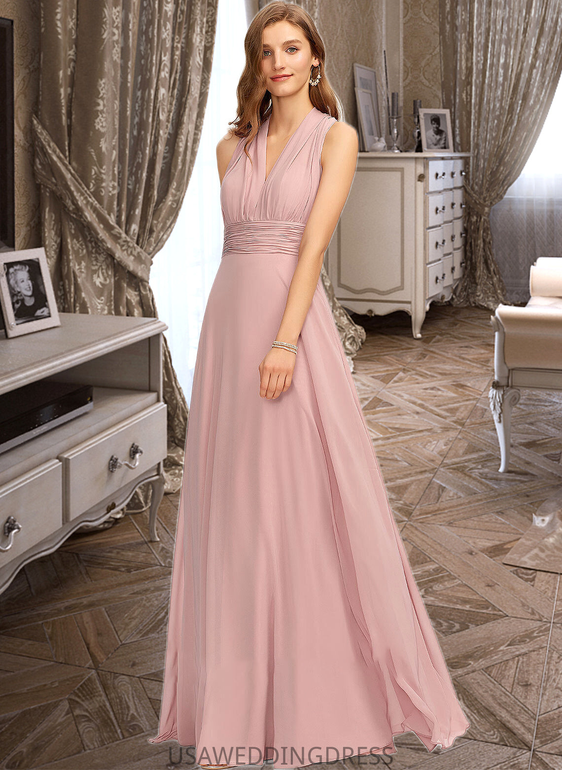 Mariam A-Line One-Shoulder Halter V-neck Floor-Length Chiffon Bridesmaid Dress With Ruffle DSP0012813