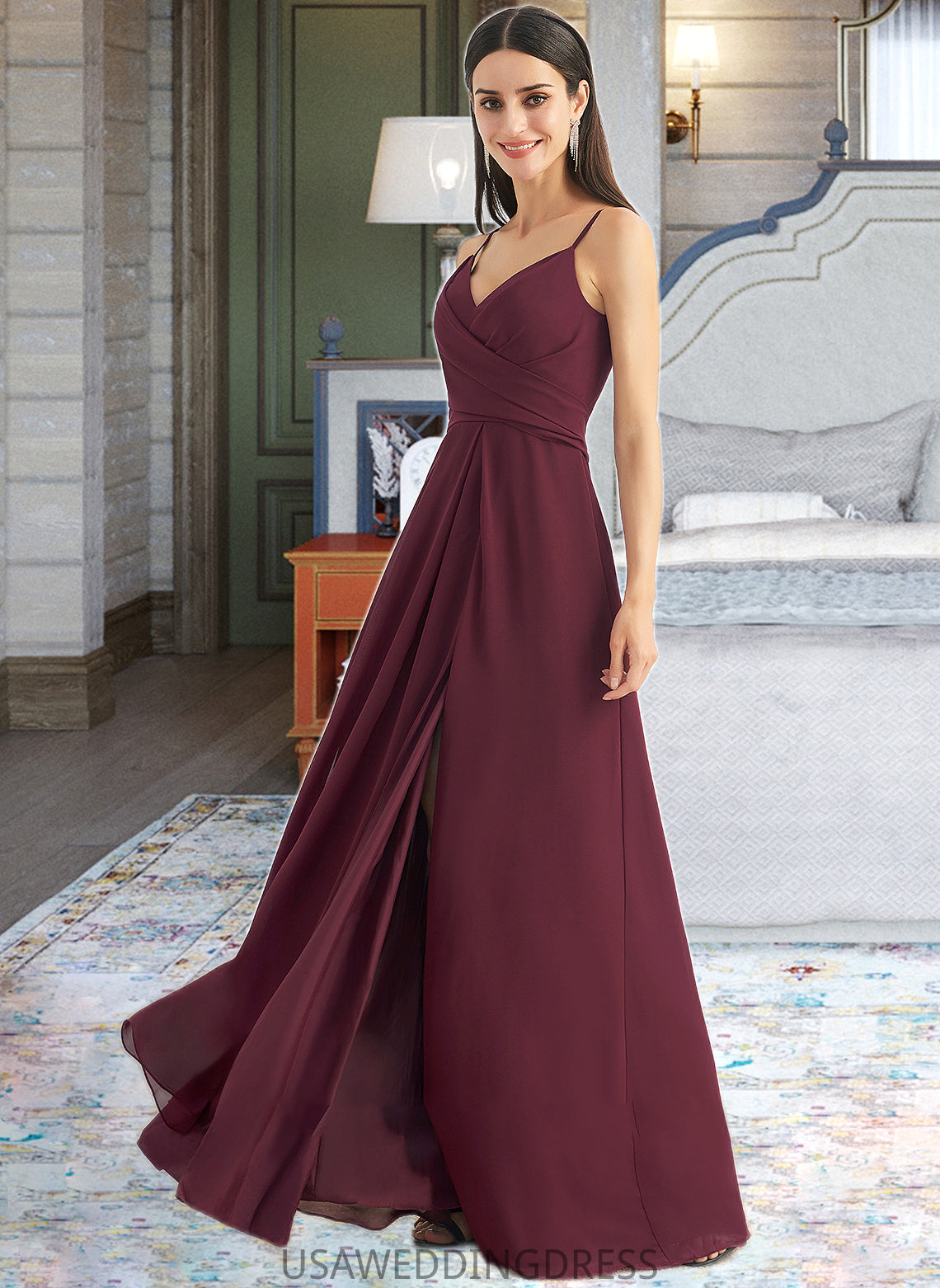 Aimee A-Line V-neck Floor-Length Bridesmaid Dress With Ruffle Split Front DSP0012815