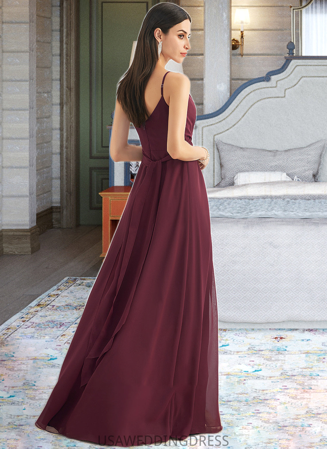 Aimee A-Line V-neck Floor-Length Bridesmaid Dress With Ruffle Split Front DSP0012815