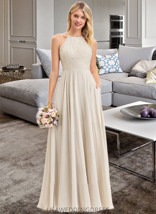 Fernanda A-Line Scoop Neck Floor-Length Chiffon Lace Bridesmaid Dress With Pockets DSP0012817