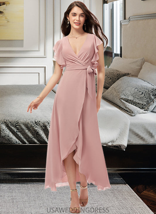 Taliyah A-line V-Neck Asymmetrical Chiffon Bridesmaid Dress With Ruffle DSP0012818