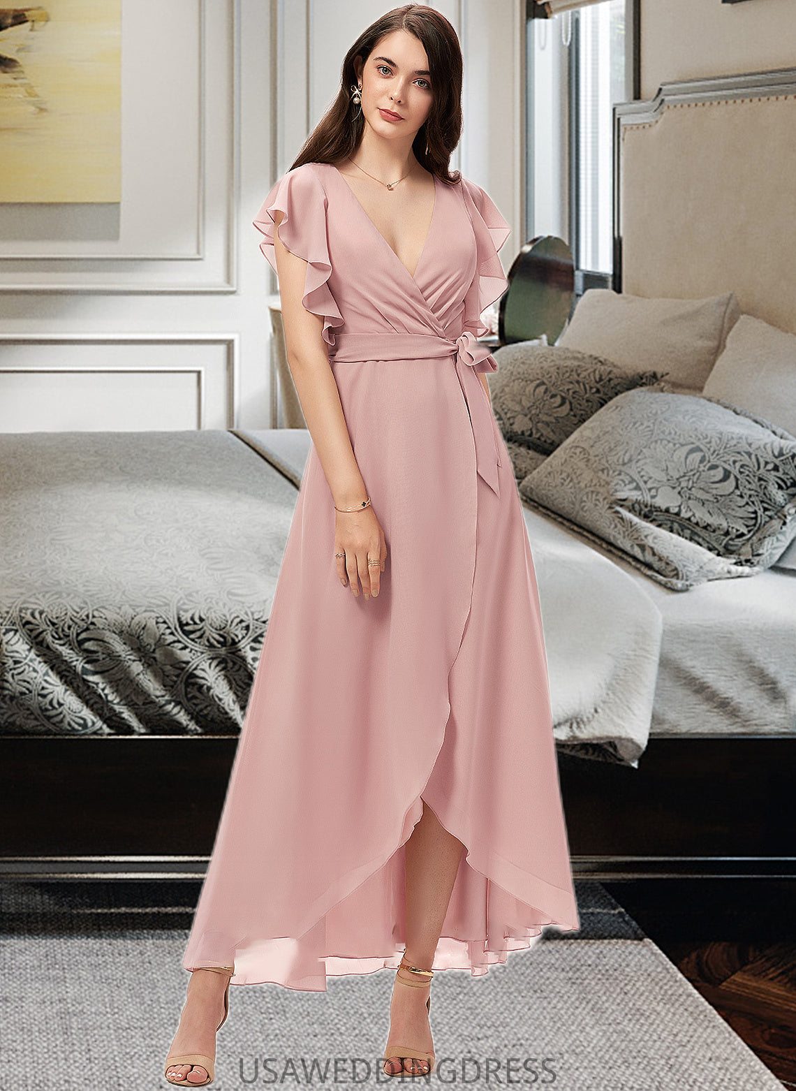 Taliyah A-line V-Neck Asymmetrical Chiffon Bridesmaid Dress With Ruffle DSP0012818