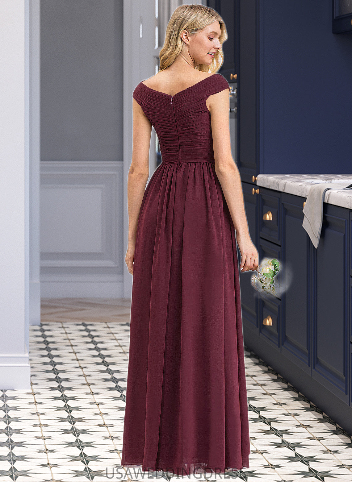 Yadira A-Line Off-the-Shoulder Floor-Length Chiffon Bridesmaid Dress With Ruffle Split Front Pockets DSP0012819