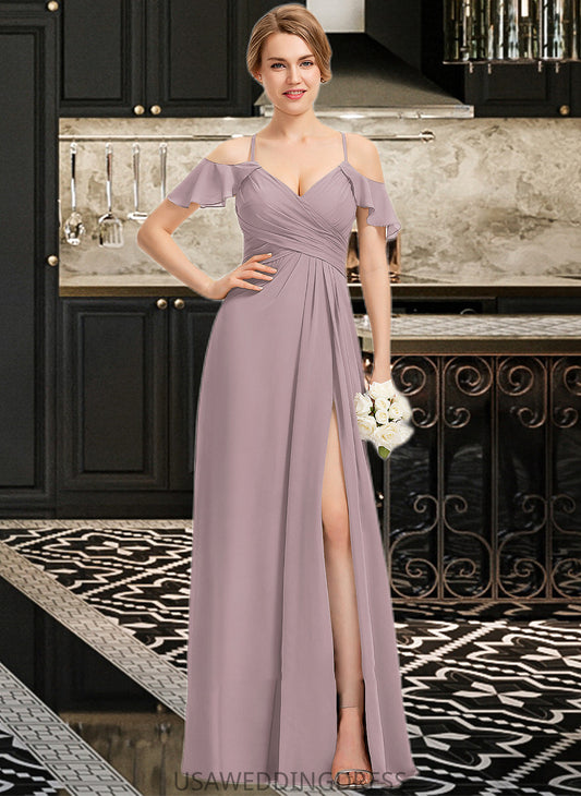 Reagan A-Line V-neck Floor-Length Chiffon Bridesmaid Dress With Ruffle Split Front Cascading Ruffles DSP0012822