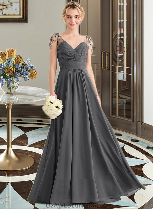 Payten A-Line V-neck Floor-Length Chiffon Bridesmaid Dress With Ruffle Beading Sequins DSP0012823