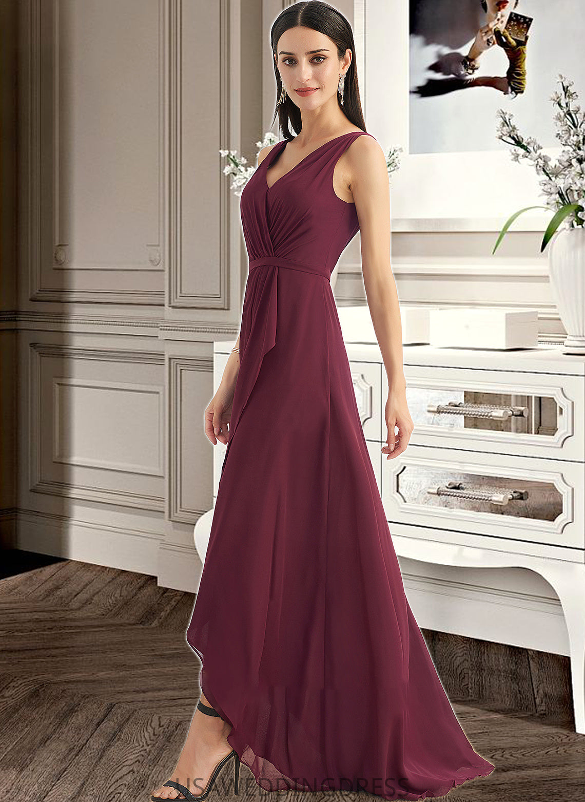 Peyton A-Line V-neck Asymmetrical Bridesmaid Dress With Split Front DSP0012824