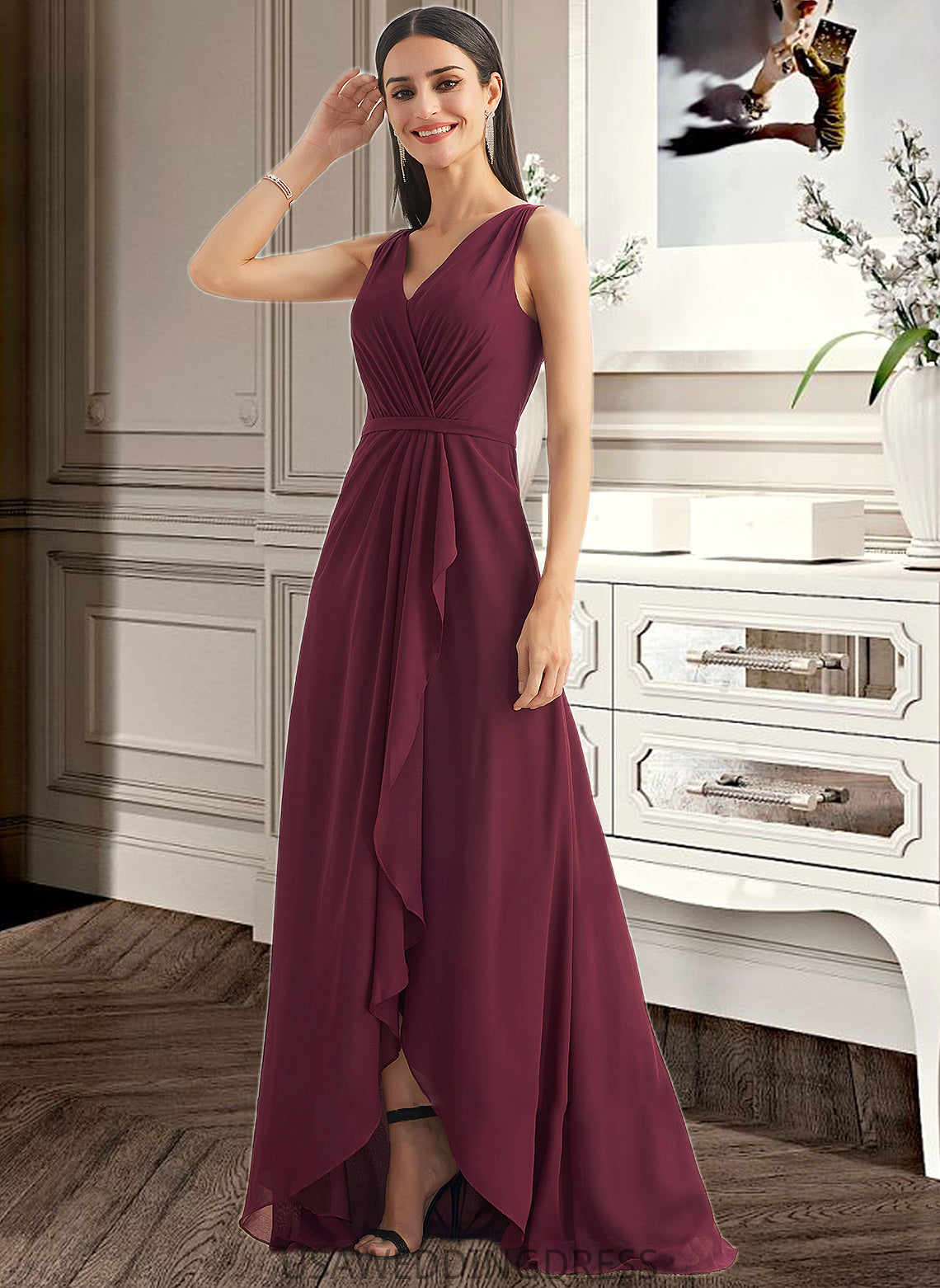 Peyton A-Line V-neck Asymmetrical Bridesmaid Dress With Split Front DSP0012824