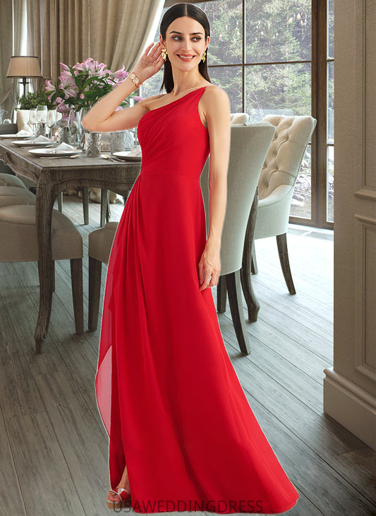 Gwendolyn A-Line One-Shoulder Floor-Length Bridesmaid Dress With Ruffle Split Front DSP0012827