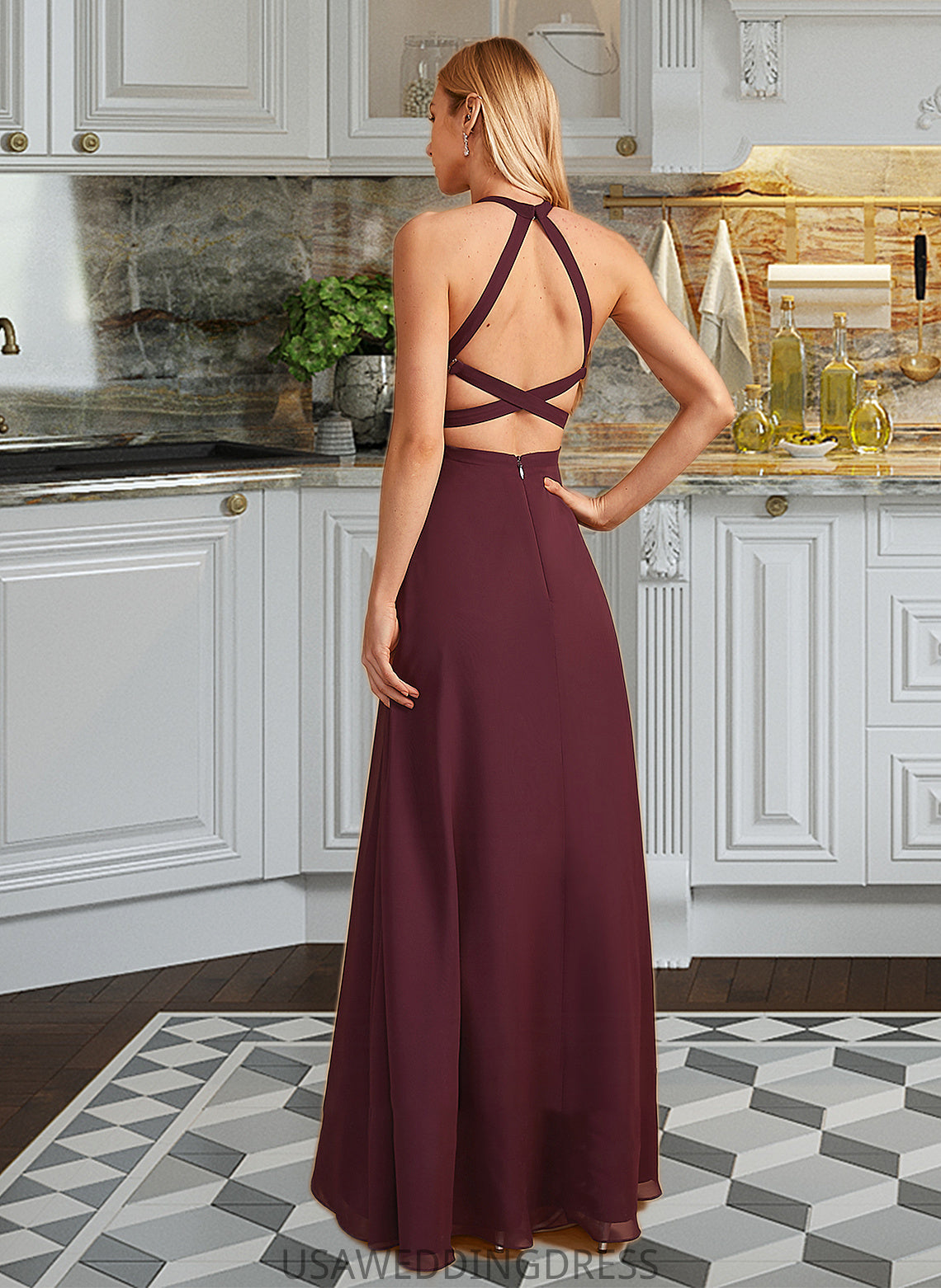 Ada A-Line High Neck Floor-Length Bridesmaid Dress With Split Front DSP0012838