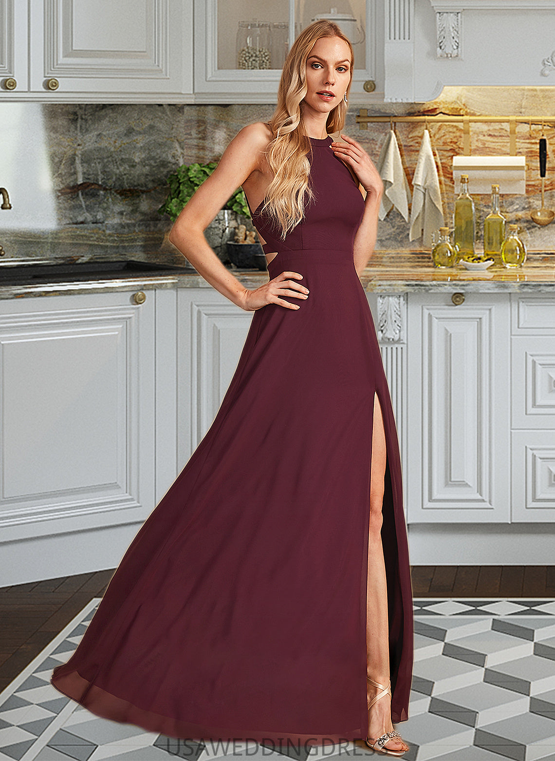 Ada A-Line High Neck Floor-Length Bridesmaid Dress With Split Front DSP0012838