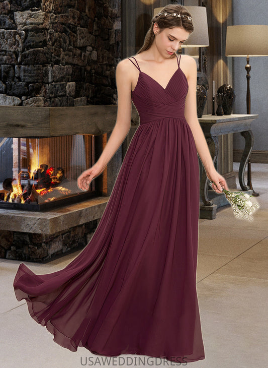 Aubree A-line V-Neck Floor-Length Chiffon Lace Bridesmaid Dress With Ruffle DSP0012839