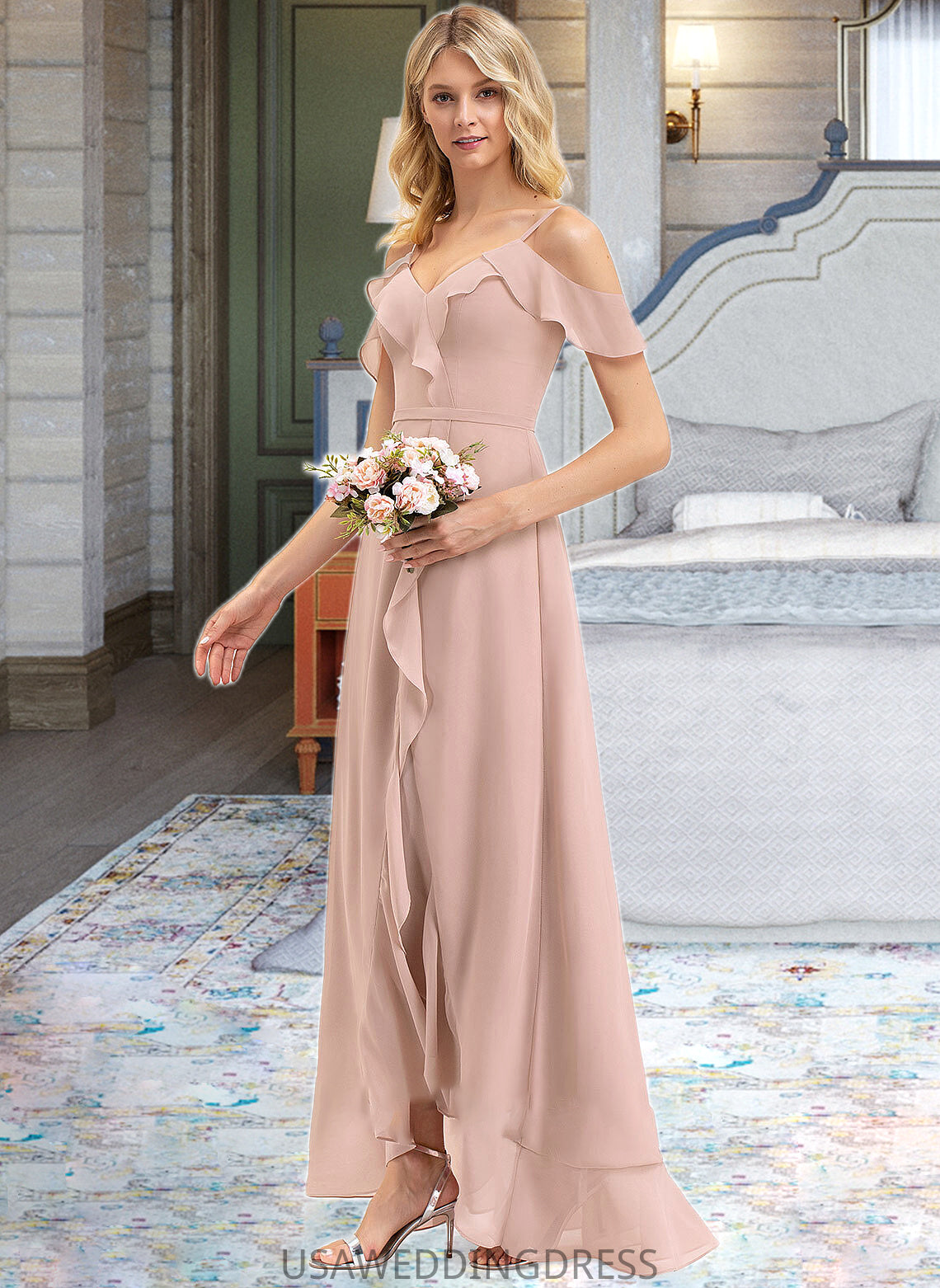 Alexus A-line V-Neck Asymmetrical Chiffon Bridesmaid Dress With Cascading Ruffles DSP0012841