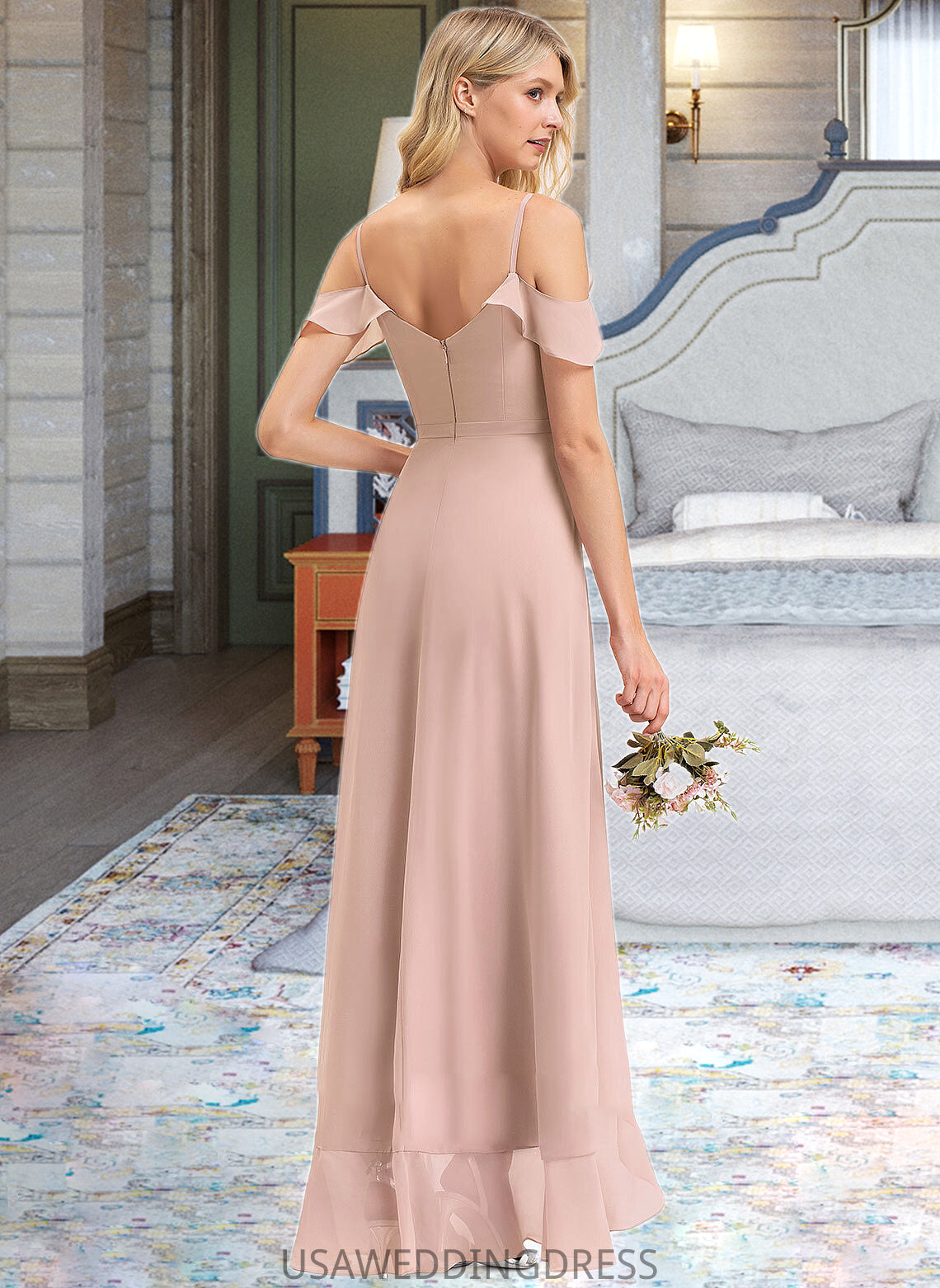 Alexus A-line V-Neck Asymmetrical Chiffon Bridesmaid Dress With Cascading Ruffles DSP0012841